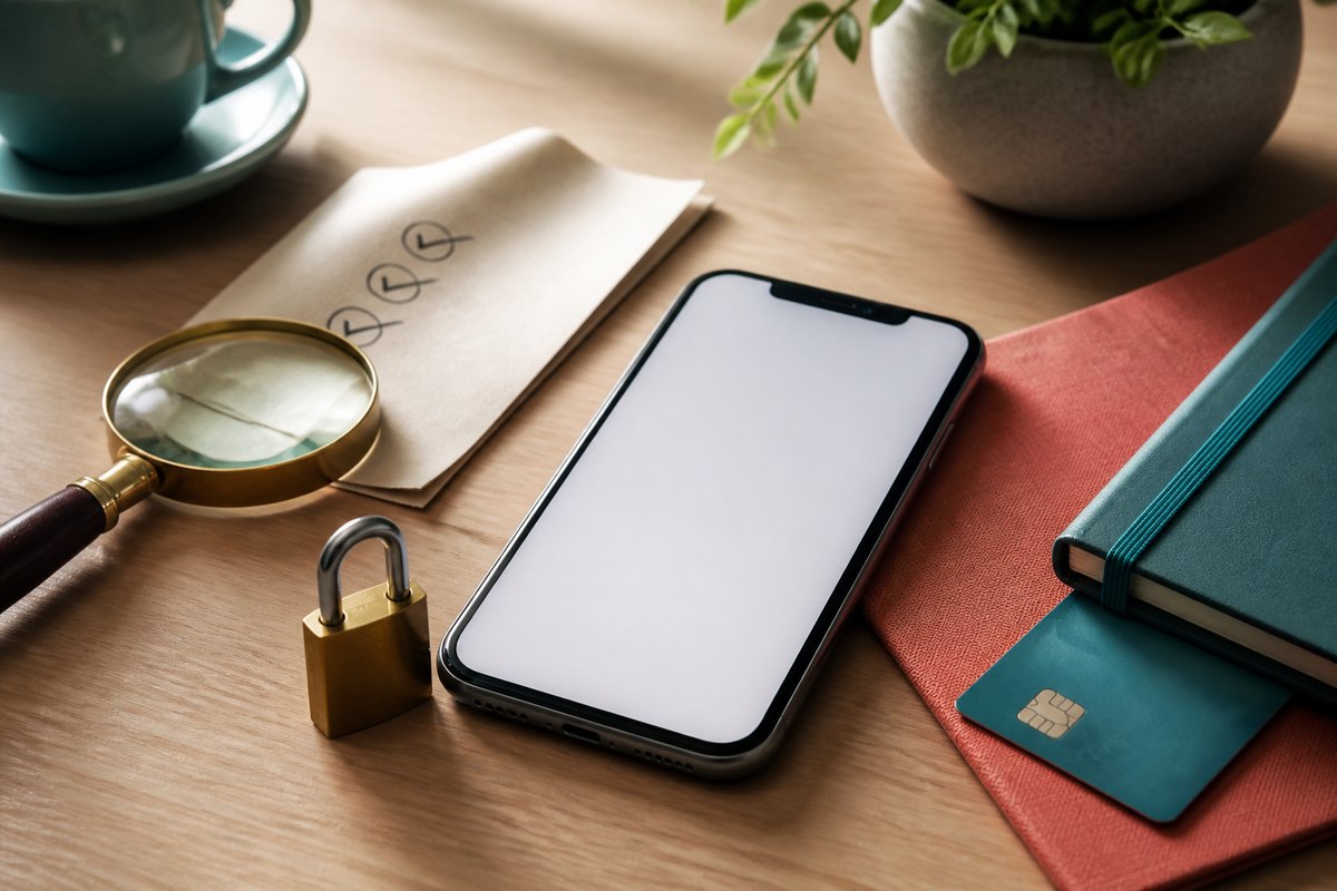 Smartphone junto a un candado, una lupa y una lista de comprobación: cómo saber si una app es fiable